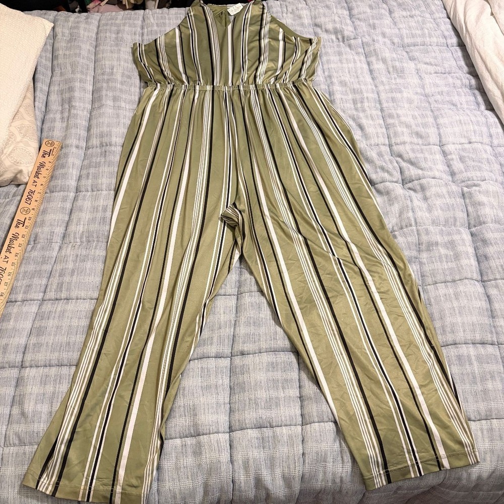 Just Be Striped Sleeveless Jumpsuit Womens 3X Green Black Knit Wide Leg Casual